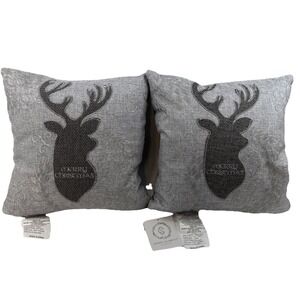 2-Secret Celebrity Merry Christmas Gray Deer Embroidered Throw Pillows NWT